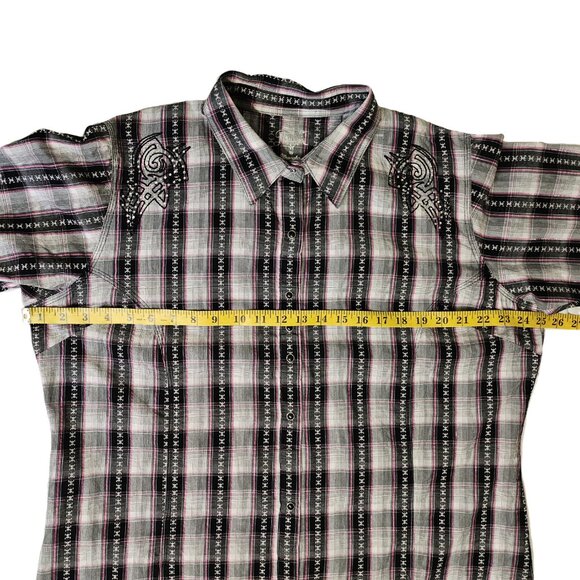 ROCK 47 BY WRANGLER Pink/Black/Grey Plaid Embroidered Western Shirt Size XXL - Picture 5 of 10